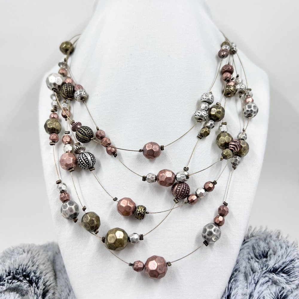 NWOT – Antiqued Gold Tone Five Strand Wire 20” Necklace w/ Tri-Colored Beading - Picture 2 of 6